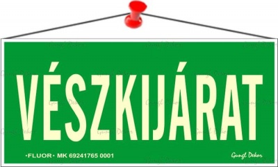 Információs tábla, 25x11,5 cm, fluoreszkáló, utánvilágítós, "Vészkijárat"